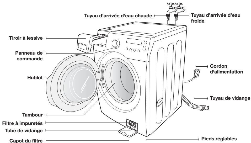 Tuyau d'arrivée d'eau chaude Tuyau d'arrivée d'eau froide Tiroir à lessive Panneau de commande Hublot Cordon d'alimentation Tuyau de vidange Tambour Filtre à impuretés Tube de vidange Capot du filtre Pieds réglables