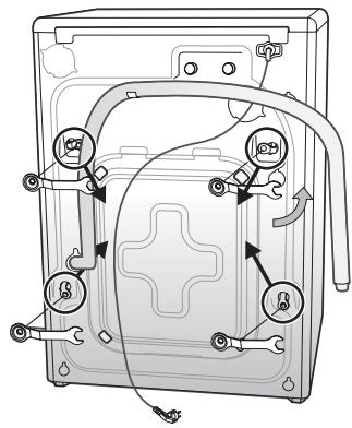 Technical diagram of a device rear panel with labeled components and directional arrows indicating movement or connection.