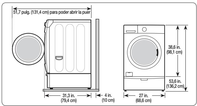 51,7 pulg. (131,4 cm) para poder abrir la puer 31,3 in. (79,4 cm) 4 in. (10 cm) 38,6 in. (98,1 cm) 53,6 in. (136,2 cm) 27 in. (68,6 cm)