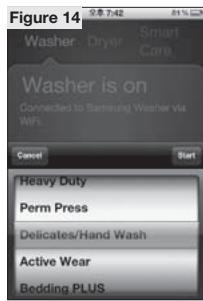 Figure 14 Washer: Dryer Smart Care Washer is on Connected to Samsung Washer Via Win. Cancel Start Heavy Duty Perm Press Delicates/Hand Wash Active Wear Bedding PLUS