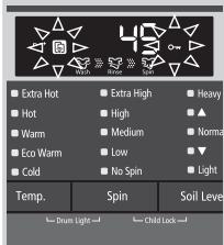 Extra Hot Hot Warm Eco Warm Cold Extra High High Medium Low No Spin Heavy Normal Light Temp. Spin Soil Level Drum Light Child Lock