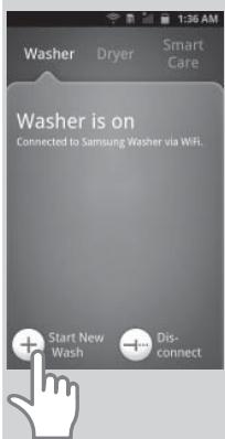 Washer Dryer Smart Care Washer is on Connected to Samsung Washer via WiFi. + Start New Wash + Dis- connect