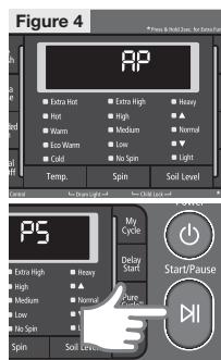 Figure 4 PP Extra Hot Extra High Heavy Hot High ▲ Warm Medium Normal Eco Warm.Low Low ▼ Cold No Spin Light Temp Spin Soil Level PS My Cycle Delay Start Start/Pause SPS Spin