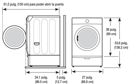 51.2 pulg. (130 cm) para poder abrir la puerta 34.1 pulg. (86.5 cm) 5 pulg. (12.7 cm) 27 pulg. (68.6 cm) 39 pulg. (99 cm) 53.6 pulg. (136.2 cm)