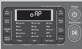 Power & Roll Cover, for Extra Functions Pro Wash Extra Kines Extra Hot Extra High Heavy Hot High ▲ Extended Spin Warm Medium Normal C Warm Low ▼ Signal On/OFF Cold Hot Spin Light My Cycle Delay Start Pump Cycle™ Steam Start/Pause Power Control Spin Light Chips Lock Smart Cover