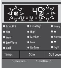 Extra Hot Hot Warm Eco Warm Cold Extra High High Medium Low No Spin Heavy Normal Light Temp. Spin Soil Leve Drum Light Child Lock