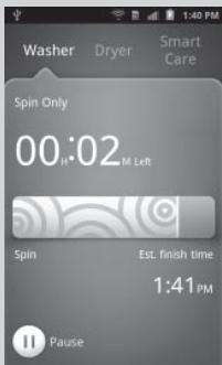 Washer Dryer Smart Care Spin Only 00:02 M Left Spin Est. finish time 1:41 PM Pause