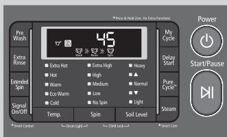 Press & Hold 2nd, for Error Function 45 Extra Rinse Extra Hot Extra High Heavy Hot High ▲ Warm Medium Normal Eco Warm Low ▼ Cold No Spin Light Signal On/OFF Temp. Spin Soil Level My Cycle Delay Start Pure Cycle Steam Power Start/Pause Power Control Live Light Child Lock Water Care