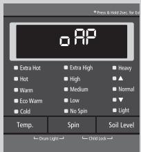 Press & Hold Disc. For Exit gAP Extra Hot Extra High Heavy Hot High ▲ Warm Medium Normal Eco Warm Low ▼ Cold No Spin Light Temp. Spin Soil Level Drum Light Ctrl Lock