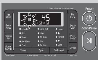 Pie Wash Extra Rinse Extended Spin Signal On/OFF 45 Extra Hot Extra High Heavy Hot High Warm Medium Normal Eco Warm Low Cold No Spin Light Temp. Spin Soil Level My Cycle Delay Start Pure Cycle Steam Power Start/Pause Control Clean Light Child Lock Clean Care