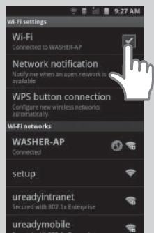 Wi-Fi settings Wi-Fi Connected to WASHER-AP Network notification Notify me when an open network is available WPS button connection Configure new wireless networks automatically Wi-Fi networks WASHER-AP Connected setup ureadyintranet Secured with BI2.1x Enterprise ureadymobile
