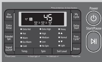 Pro Wash Extra Kurse Extended Spin Signal On/Off Temp. Spin Soil Level 45 Extra Hot Extra High Heavy Hot High ▲ Warm Medium Normal Eco Warm Low ▼ Cold No Spin Light My Cycle Delay Start Pump Cycle Steam Power Start/Pause Smart Control Spin Light Child Lock Smart Care