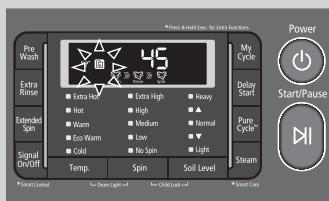 Pro Wash Extra Kurse Extended Spin Signal On/Off Temp. Spin Soil Level 45 Extra Hot Extra High Heavy Hot High Warm Medium Normal Eco Warm Low Light Cold My Cycle Delay Start Pump Pulse Steam Power Start/Pause +/-