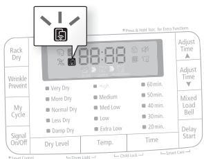 Press & Hold Sust. for Extra Function Rack Dry Wrinkle Prevent My Cycle Signal On/Off Very Dry More Dry Normal Dry Less Dry Damp Dry Dry Level High Medium Med Low Low Extra Low Temp. 60 min. 50 min. 40 min. 30 min. 20 min. Adjust Time ▲ Adjust Time ▼ Mixed Load Bell Delay Start * Smart Control * Smart Care