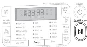 Rock Dry Winkle Prevent My Cycle Signal On/Off Dry Level 03:00 12 Very Dry High Medium Normal Dry Low Less Dry Dry Damp Dry High Medium Low Less Dry Dry Temp. Time Adjust Time Adjust Time Mixed Load Bell Delay Start Power Start/Pause