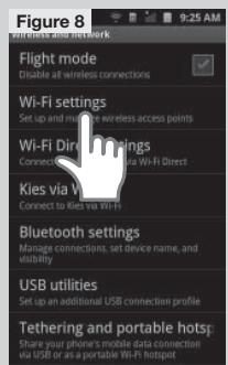 Figure 8 Wireless and network Flight mode Disable alt wireless connections Wi-Fi settings Set up and wireless wireless access points Wi-Fi Direct settings Connect to Wi-Fi Direct Kies via Wi-Fi Connect to Kies via Wi-Fi Bluetooth settings Manage connections, set device name, and visibility USB utilities Set up an additional USB connection profile Tethering and portable hotspots: Share your phone's mobile data connection via USB or as a portable Wi-Fi Hotspot