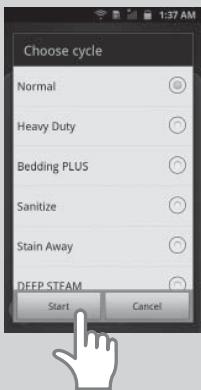 Choose cycle Normal Heavy Duty Bedding PLUS Sanitize Stain Away DEFP STEAM Start Cancel