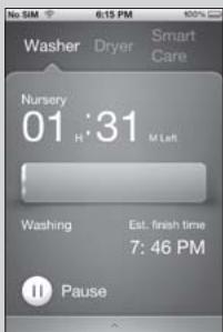 No SIM 6:15 PM 400% Washer Dryer Smart Care Nursery 01:31 M Left Washing Est. finish time 7:46 PM Pause