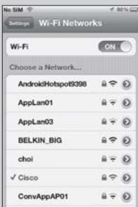 Wi-Fi Networks Settings Wi-Fi ON Choose a Network... AndroidHotspot9398 AppLan01 AppLan03 BELKIN_BIG choi ✓ Cisco ConvAppAP01