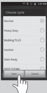 Choose cycle Normal Heavy Duty Bedding PLUS Sanitize Stain Away DEFP STEAM Start Cancel