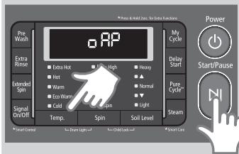 Press & Hold Data, for Extra Functions Pre Wash Extra Rinse Extended Spin Signal On/Off o-AP Extra Hot Hot Warm Eco Warm Cold Temp. Spin Soil Level My Cycle Delay Start Normal Light Pure Cycle- Steam Power Start/Pause Smart Control Draw Light Child Cash Smart Care