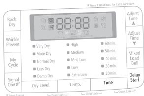 Press & Hotel Back, for Data Systems Rack Dry Wrinkle Prevent My Cycle Signal On/Off Dry Level Temp. Time Adjust Time ▲ Very Dry High 60 min. More Dry Medium 50 min. Normal Dry Mied Low 40 min. Less Dry Low 30 min. Damp Dry Extra Low 20 min. Adjust Adjust Time ▼ Mixed Load Bell Delay Start *Press Control Direct Light CIVI Switch *Screen Control