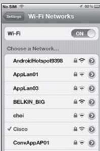 Wi-Fi Networks Settings Wi-Fi ON Choose a Network... AndroidHotspot9398 AppLan01 AppLan03 BELKIN_BIG choi ✓ Cisco ConvAppAP01