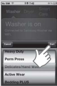 Washer is on Connected to Samsung Washer via With... Cancel Start Heavy Duty Perm Press Delicates/Hand Wash Active Wear Bedding PLUS