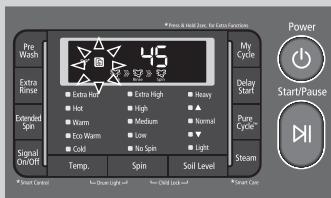 Pro Wash Extra Rinse Extended Spin Signal On/OFF 45 Extra Hot Extra High Heavy Hot High Warm Medium Normal Eco Warm Low Cold No Spin Light Temp. Spin Soil Level My Cycle Delay Start Pure Cycle Steam Power Start/Pause Power Control Live Down Light Live Down Lock Save Cover