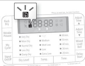 Press & Hold Sun: for Extra Function Rock Dry Wrinkle Prevent My Cycle Signal On/Off Dry Level Temp. Time Adjust Time ▲ Very Dry High 60 min. More Dry Medium 50 min. Normal Dry Med Low 40 min. Less Dry Low 30 min. Dump Dry Extra Low 20 min. Adjust Time ▼ Mixed Load Bell Delay Start *Screen Control Light Light Child Dark Smart Care