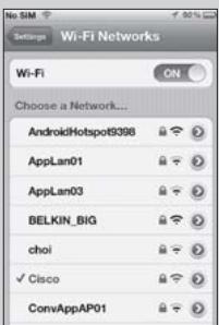 Wi-Fi Networks Settings Wi-Fi ON Choose a Network... AndroidHotspot9398 AppLan01 AppLan03 BELKIN_BIG choi ✓ Cisco ConvAppAP01