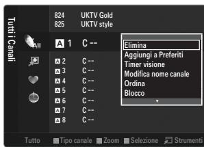 Tutti Canali 824 UKTV Gold 825 UKTV style All A 1 C -- Elimina Aggiungi a Preferiti Timer visione Modifica nome canale Ordina Blocco Tutto Tipo canale Zoom Sezione Strumenti