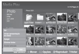 Media Play Photo 5/10/40 4796 Jun 1 2008 3/03 Photo 0001 Upper Folder Folder1 Photo 0001 Photo 0001 None Ver Iniciar apresentação de stidos Apagar Eliminar todos Amular seleção File 4 File 5 File 6 File 7 File 8 File 9 File 10 File 11 File 12 File 13 Sair Selecto: Mover Opções Reproduziir Voltar