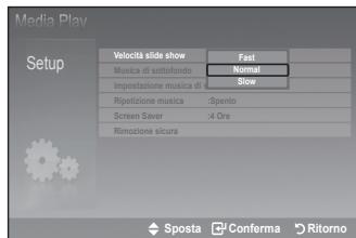 Media Play Setup Velocia slide show Musica di sottofondo Impostazione musica di Ripetizione musica Screen Saver Rimozione sicura Fast Normal Slow Spento 4 Ore Sposta Conferma Ritorno