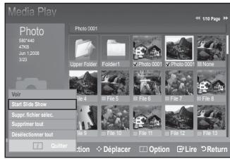 Media Play Photo 5/14:40 47KB Jun 1 2008 3/23 Photo 0001 Upper Folder Folder1 ✓ Photo 0001 ✓ Photo 0001 None Woir Start Slide Show Supp. fichier sèlec. Supprimer tout Dé selectioner tout File 4 File 5 File 6 File 7 File 8 File 9 File 10 File 11 File 12 File 13 Quitter Action → Déplacer Option → Line → Return