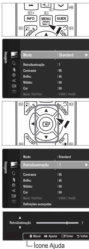 INFO MENU GUIDE TOOLS Modo : Standard Retroiluminação : 7 Contraste : 95 Brilho : 45 Nitidez : 50 Cor : 50 Matiz (Vd/Vm) : Vd50 / Vm50 Method RETROILUMINAÇÃO : 7 Contraste : 95 Brilho : 45 Nitidez : 50 Cor : 50 Matiz (Vd/Vm) : Vd50 / Vm50 Definições avançadas Retroiluminação : 7 Mover Ajustar Enter Voltar Ícone Ajuda