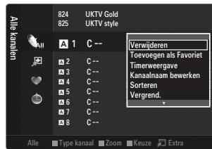 Alle kanalen 824 UKTV Gold 825 UKTV style A 1 C -- ✓ 2 C -- ✓ 3 C -- ✓ 4 C -- ✓ 5 C -- ✓ 6 C -- ✓ 7 C -- ✓ 8 C -- Verwianderen Toevogen als Favoriet Timerweergave Kanaalnaam bewerken Sorteren Vergrend. Alle Type kanaal Zoom Keuze Extra