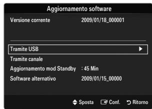 Aggiornamento software Versione corrente 2009/01/18_000001 Tramite USB Tramite canale Aggiornamento mod Standby : 45 Min Software alternativo 2009/01/15_00000 Sposta Conf. Ritorno
