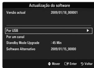 Actualização do software Versão actual 2009/01/18_000001 Por USB Por um canal Standby Mode Upgrade : 45 Min Software Alternativo 2009/01/15_00000 Mover Enter Voltar