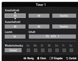 Timer 1 Anschaltzeit 00 00 Deaktiv. Ausschaltzeit 00 00 Deaktiv. Lautst. 10 Inhalt TV ATV 1 Wiederholmodus Einmal So Mo Di Mi Do Fr Sa Navig. Einst. Eingabe Zurück