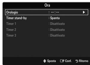 Ora Orologio : --- : -- Timer stand-by : Spenta Timer 1 : Disattivato Timer 2 : Disattivato Timer 3 : Disattivato ◆ Sposta Conf. Ritorno