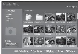 Media Play Photo 500 MB 47KB Jun 12008 3/23 SUM 89MB/99MB Photo 0001 Upper Folder Folder1 Photo 0001 Photo 0001 None File 4 File 5 File 6 File 7 File 8 File 9 File 10 File 11 File 12 File 13 Sélection Displacer Option Live Retour