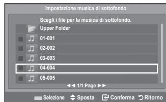 Impostazione musica di sottofondo Scegli i file per la musica di sottofondo. Upper Folder 01-001 02-002 03-003 04-004 05-005 Sezione Sposta Conferma Ritorno