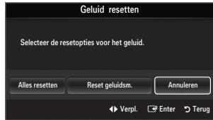 Geluid resetten Selecteer de resetopties voor het geluid. Alles resetten Reset geluidsm. Annuleren Verpl Enter Terug