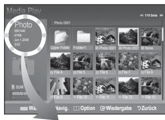 Media Play Photo 02/24/01 47KB 25/1/2008 323 Upper Folder Folder1 Photo 0001 None File 4 File 5 File 6 File 7 File 8 SUM 895MB/99 Wa. Vavig. Option Wiedergabe Zurück