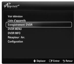 Anynet* Voir télévision Liste d'apparels Enregistrement: DVDR DVDR MENU DVDR INFO Récepteur : Arr. Configuration Déplacer Entrer Retour