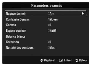 Paramètres avancés Nuance de noir : Arr. Contraste Dynam. : Moyen Gamma : 0 Espace couleur : Natif Balance blancs Carnation : 0 Netteté des contours : Mar. Déplacer Entrer Retour