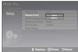 Media Play Setup Vitesse du diap. Normal Musique de fond : Activé Sélection musique de fond : Déact. Reprise de la musique :Désact. Écran de veille :4 Hours Retrait sécurisé Déplacer Entrer Retour