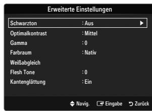 Erweiterte Einstellungen Schwarzton : Aus Optimalkontrast : Mittel Gamma : 0 Farbraum : Nativ Weißabgleich Flesh Tone : 0 Kantenglättung : Ein Navig. Eingabe Zurück
