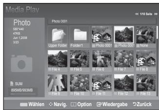 Media Play Photo 500 MB 45 KB Jun 1 2008 3KB SUM 89MB/993MB Photo 0001 Upper Folder Folder1 Photo 0001 Photo 0001 None File 4 File 5 File 6 File 7 File 8 File 9 File 10 File 11 File 12 File 13 Wählen Navig. Option Wiedergabe Zurück